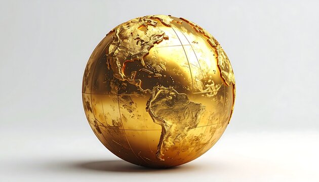 Metallic gold globe stands on a white surface, casting a shadow