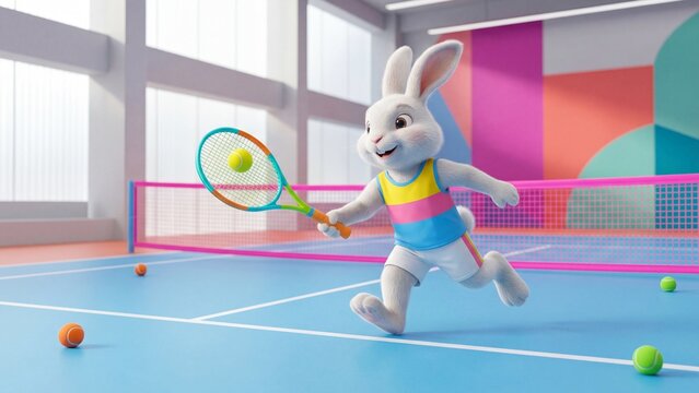 White rabbit playing tennis on indoor court. Cartoon bunny athlete swinging racket at yellow ball. Fun sports animation concept for kids entertainment and playful activity