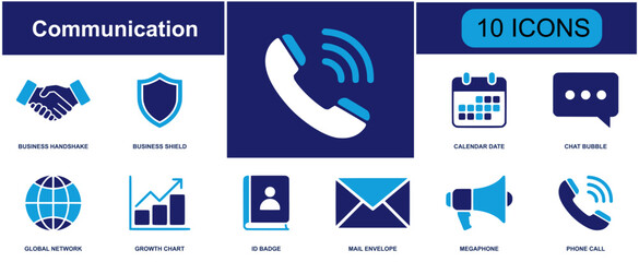 Digital communication icon set. Containing handshake, shield, calendar, chat, globe, mail, phone, presentation, satellite, lock, microphone, wifi and more. Solid fill vector icons collection. © Jessica