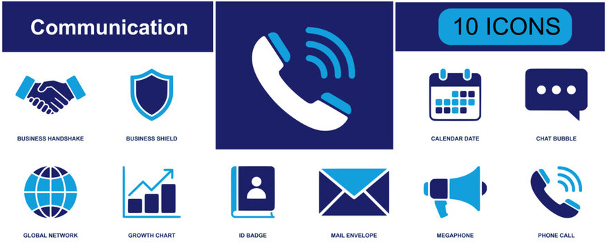 Digital communication icon set. Containing handshake, shield, calendar, chat, globe, mail, phone, presentation, satellite, lock, microphone, wifi and more. Solid fill vector icons collection.