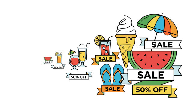 Colorful Illustration of Summer Beach Scene with Watermelon, Drinks, and Sale Banners for Vacation and Shopping Promotions