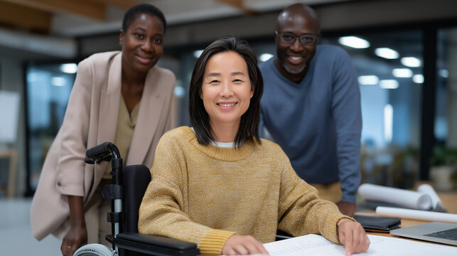 Woman architect in wheelchair reviews building blueprints with standing colleague, accessible workspace and professional equality, neurodiversity inclusion and career success, perfect for corporate