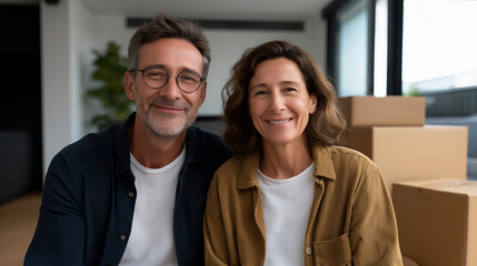 Fototapeta premium Middle aged parents sit in adult child's empty bedroom, boxes stacked in corner, afternoon light through bare windows, empty nest transition and family evolution, perfect for retirement planning