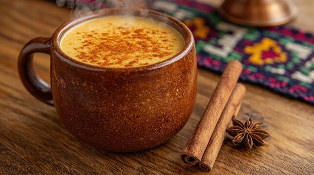 Traditional cinnamon atole in handcrafted clay mug with golden foam and aromatic spice garnish served on rustic wooden table with colorful Mexican textile