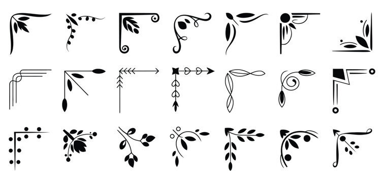 Doodle corners with swirl line ornaments, floral flourishes, and ornate filigree for vintage cards, retro certificates, and baroque style decorative borders vector illustration collection