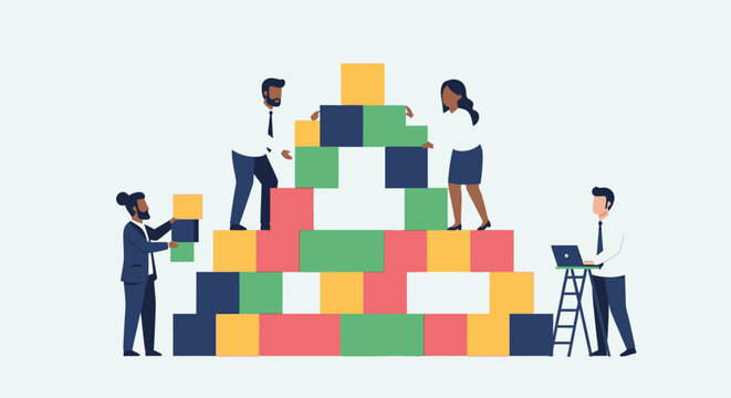 Diverse team building a colorful block tower, teamwork and collaboration concept