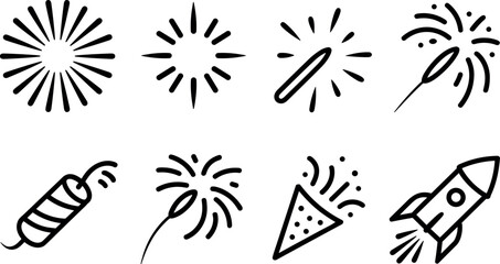 Fototapeta premium Hand drawn fireworks and celebration icons set isolated on white background for party festival event vector illustration