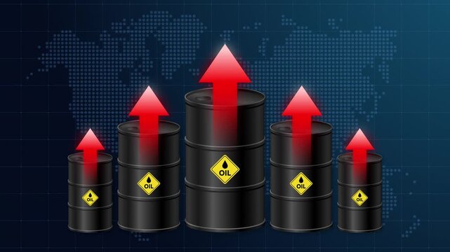Oil price increase and energy crisis concept with barrels and upward arrows on world map background. Visualizing rising crude oil prices, global inflation, and stock market volatility. 4K animation