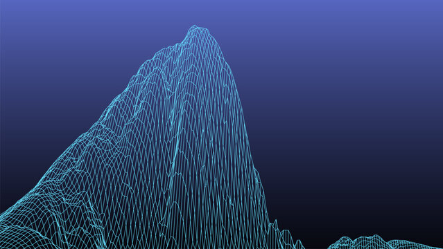 An abstract futuristic 3D mountain landscape in the style of the 1980s. The vector illustration depicts mountain forms and a digital surface for the 1980s-style background. Early computer graphics.