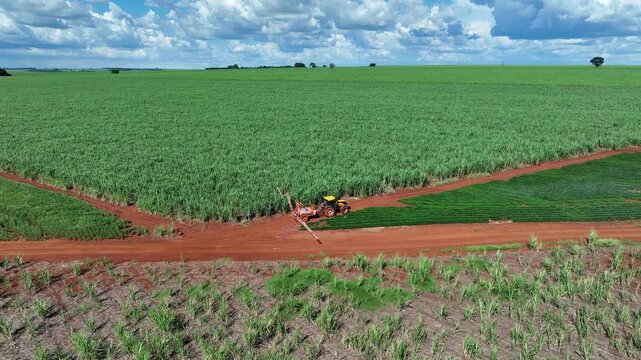 Aerial view of a tractor spraying green peanut crops next to a vast sugarcane plantation