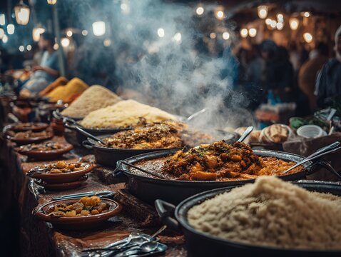 Vibrant stall of Moroccan Jemaa el Fnaa feast rich flavor of traditional Moroccan Zaalouk side of fluffy couscous clean professional stock photo sharp macro photography style cinematic realism ultra
