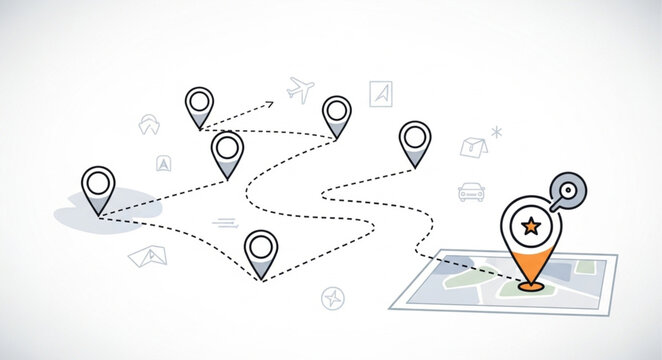 Hand-Drawn Map with Location Pins and Route Illustration.