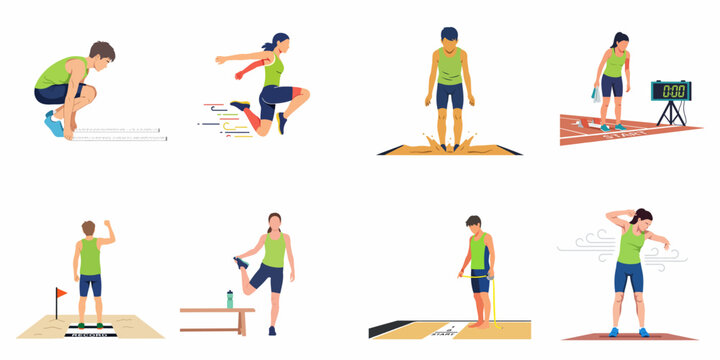 Flat vector illustrations of young athletes practicing long jump, stretching, and measuring their performance in a track and field competition setting.