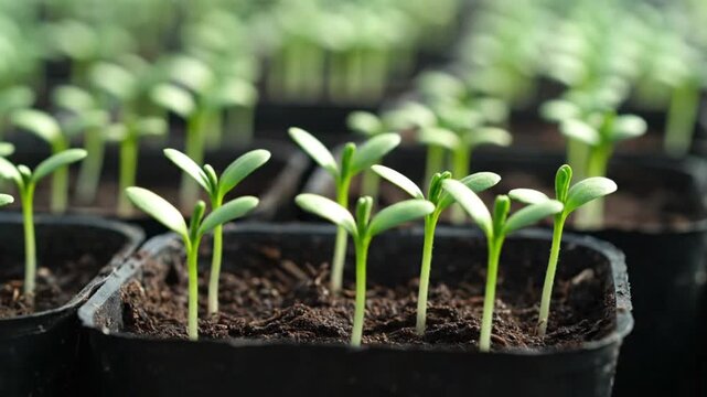 Tiny green seedlings sprout from dark soil in shallow growing trays.