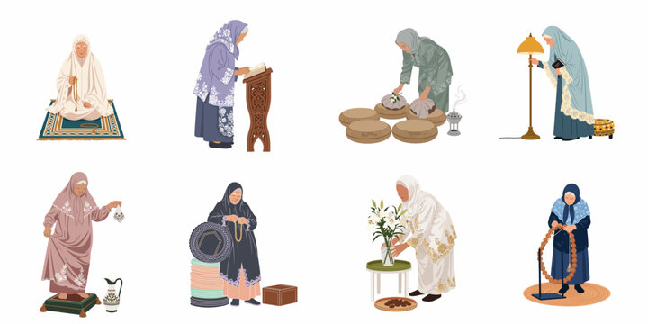 Set of illustrations depicting elderly Muslim women engaged in various activities like praying, reading, and household tasks in traditional attire.