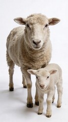 Fototapeta premium A mother sheep and her lamb standing together against a plain background, symbolizing family, nature, and agriculture.