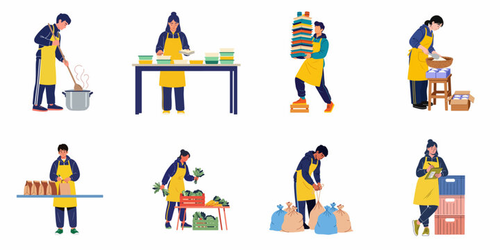 Flat vector illustration set of volunteers in yellow aprons preparing, packing, and organizing food for donation or charity at a distribution center.