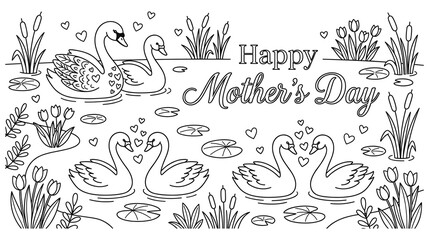 Happy mothers day swans and lily pads vector illustration line art © Amir