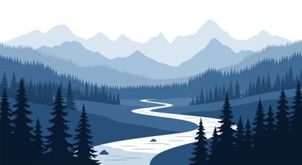 Fototapeta premium Monochromatic blue vector illustration of a winding river flowing through a valley of pine tree forests with layered mountain ranges in the background under a white sky.