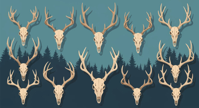 Collection of various deer skulls with different antler configurations and points, displayed in a row over a blue background featuring dark pine forest silhouettes at the horizon.