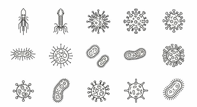 Collection of fifteen minimalist black line vector icons illustrating various types of viruses, bacteria, pathogens, and microorganisms such as bacteriophages and spherical microbes.