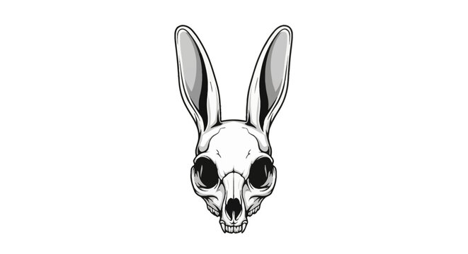 Stylized rabbit skull vector illustration featuring long ears and black eye sockets, frontal view of a hare cranium with anatomical details isolated on a white background.