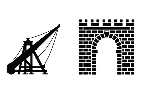 Siege weapon and castle gate icon with stone wall