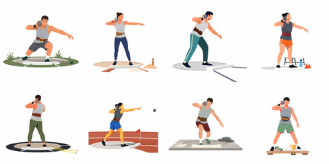 Collection of male and female athletes performing shot put in various stages of the throw, flat vector illustration set. © Sugik