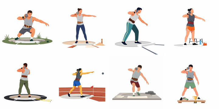 Collection of male and female athletes performing shot put in various stages of the throw, flat vector illustration set.