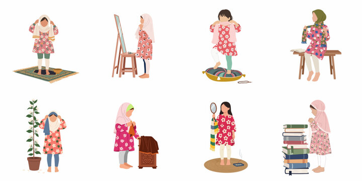 Set of flat illustrations featuring young Muslim girls in floral dresses engaging in daily religious and cultural activities like wearing hijabs and praying.