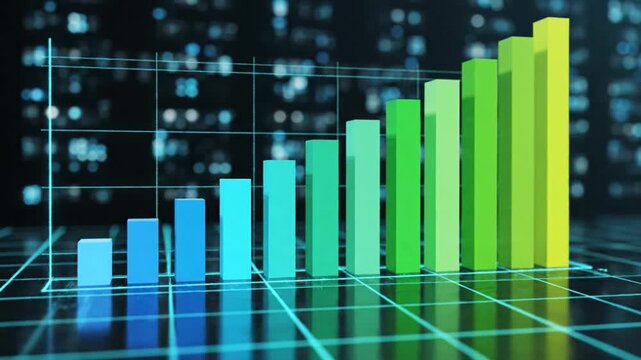 3D bar graph showing financial data analysis on digital background