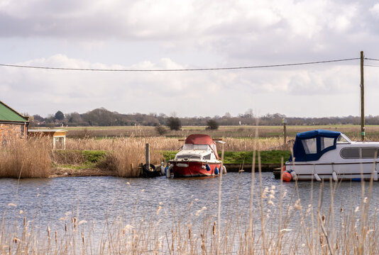Boats moored in Upton Dyke off the River Bure in the Norfolk Broads