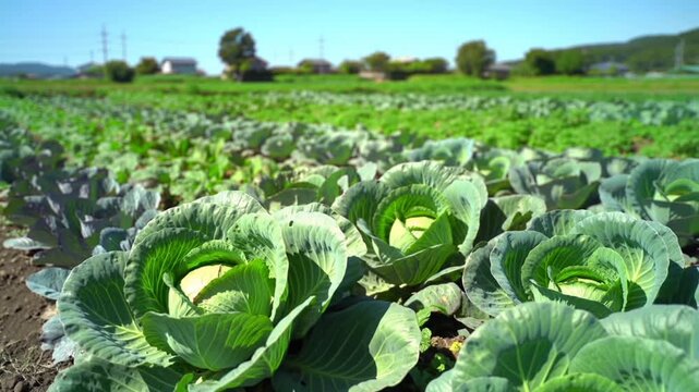 Fresh green cabbage plants grow in neat rows on a sunny agricultural field.