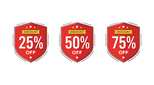 Set of three discount badges showing 25, 50, and 75 percent off offers for sale or sale promotion
