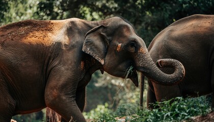 Naklejka premium Close-up of an Asian Elephants Head and Trunk in a Lush Forest Setting.