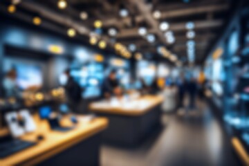 Obraz premium Blurred view customers browsing electronics in a modern retail store
