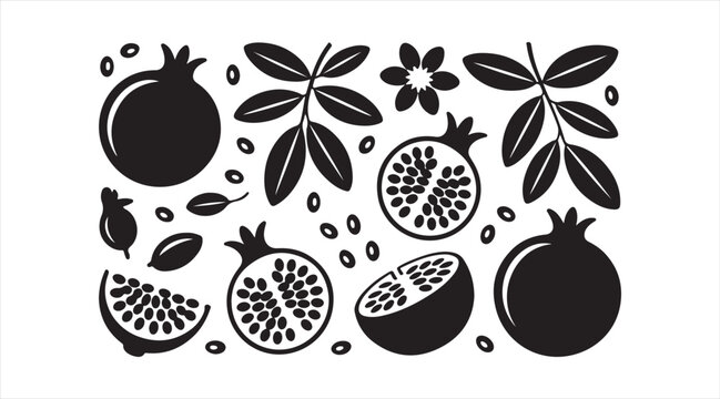 Pomegranate silhouettes black vector pattern set fruit and leaves minimalist design