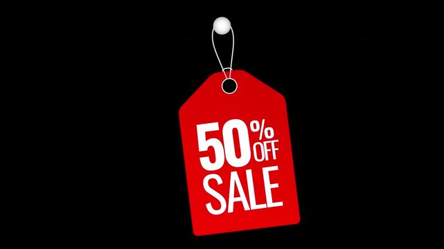 50 percent off sale red price tag animation hanging label on transparent background