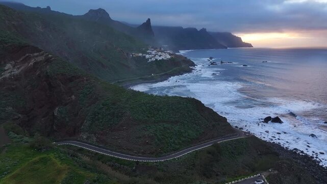 Sunset reflection in the ocean near the village of Almaciga in Tenerife. Canary Islands.