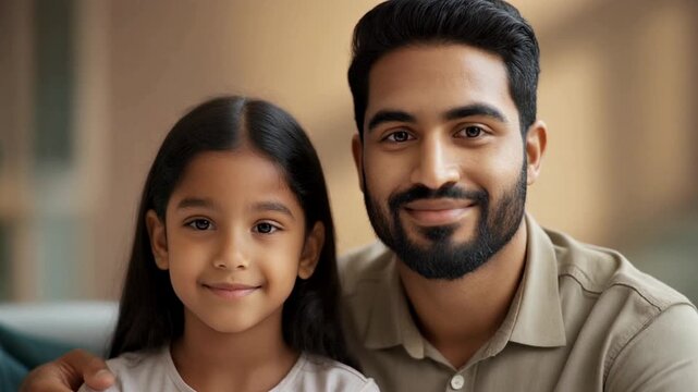 Father and Daughter Embrace in Warm Indoor Portrait, Bindi Detail Highlighted, Soft Natural Light Captured from Eye-Level View