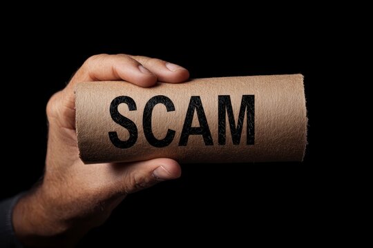 Hand holding cardboard tube with scam.