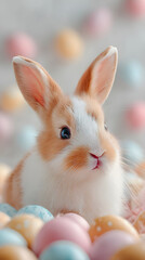 Obraz premium Vertical portrait of an adorable fluffy ginger and white Easter bunny with blue eyes sitting among colorful pastel eggs, soft bokeh background, festive spring holiday concept.