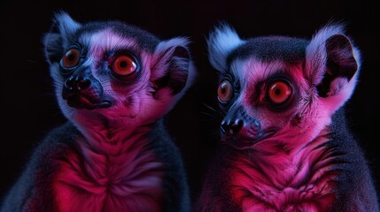 Fototapeta premium Portrait of two ring-tailed lemurs, front view, with big eyes, in dramatic, moody lighting