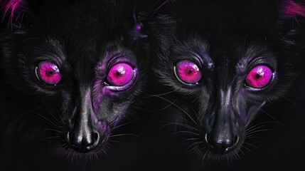 Obraz premium Two mysterious black creatures with intensely vibrant pink eyes peer out of the darkness