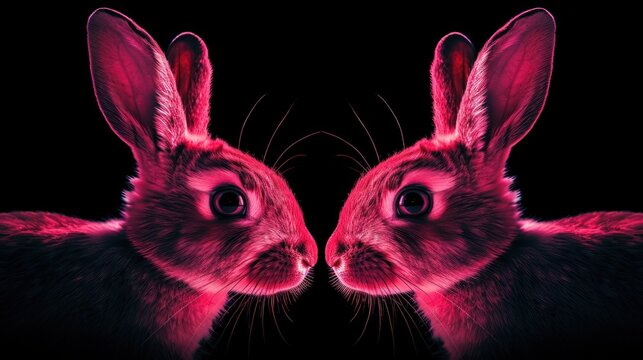 Symmetrical neon pink hares face each other against a stark black background