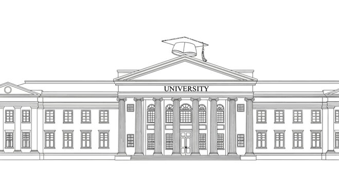 Detailed Line Art Drawing of a Grand University Building with Columns.