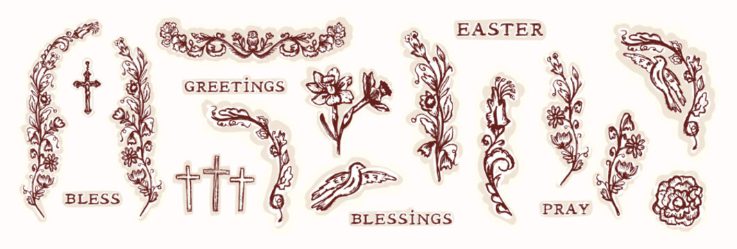 Hand drawn easter floral border corner elements daffodil motif set with christian blessing lettering. Flat isolated vector design with cross motif. For Holy week spring bible journaling sticker bundle