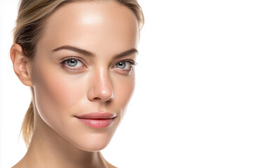 Fototapeta premium Clean studio beauty portrait of a young blonde woman with natural makeup and radiant healthy skin on a white background, ideal for skincare, dermatology, cosmetic and wellness concepts