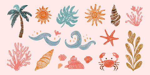Naklejka premium Summer ocean vector set with hand drawn seashell coral crab waves and sun illustration, beach elements, tropical, sea life, vacation, coastal, marine