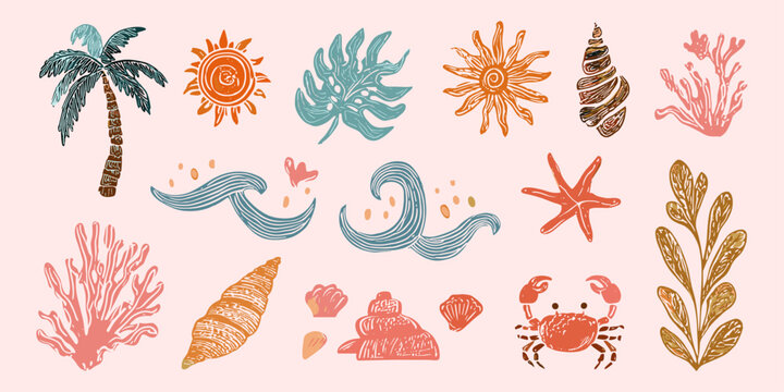 Summer ocean vector set with hand drawn seashell coral crab waves and sun illustration, beach elements, tropical, sea life, vacation, coastal, marine